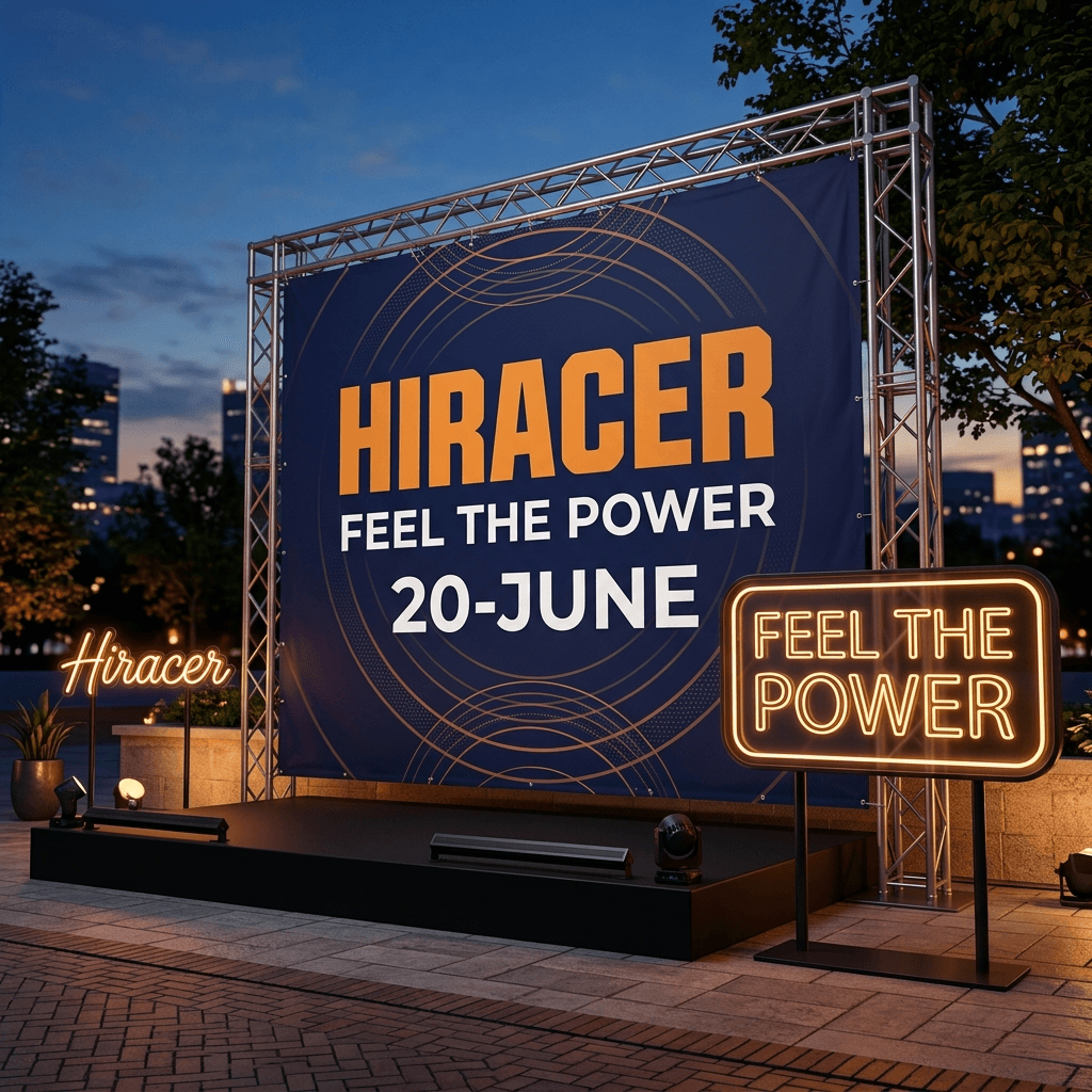 Outdoor backdrop stage with Hiracer neon signs